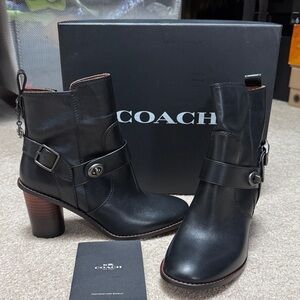 NIB-Coach Black Moto Heeled Leather Boots-Size 6